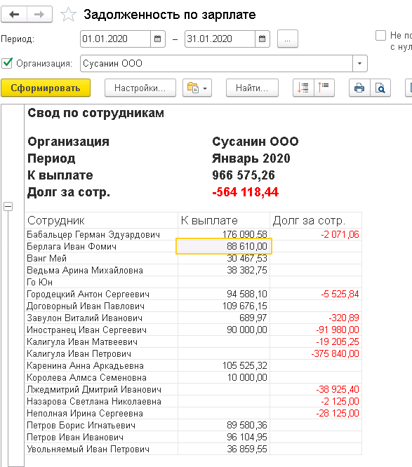 Настроить итоги в отчете Задолженность по зарплате