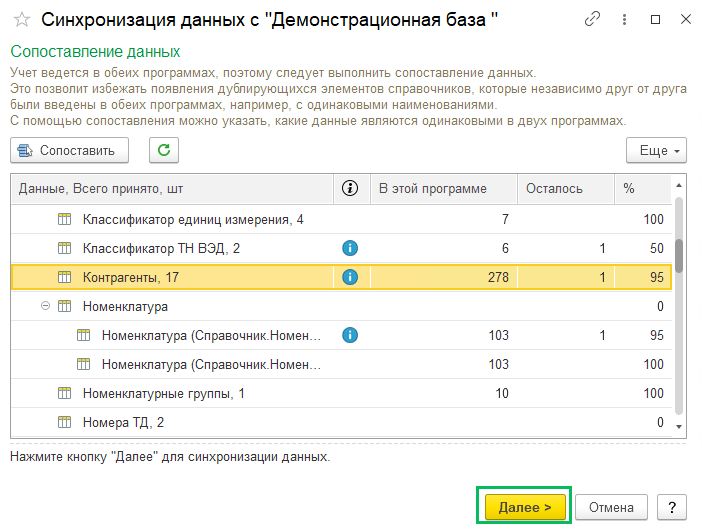 Сопоставление данных при синхронизации