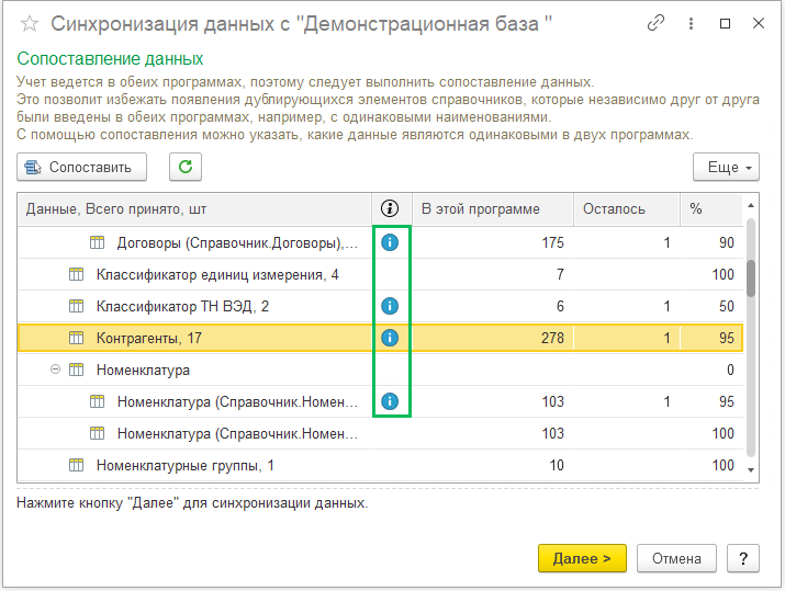 Сопоставление данных при синхронизации